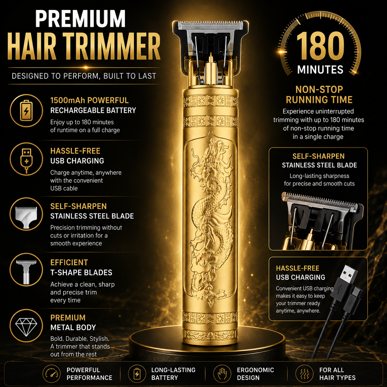 T-Blade Hair Trimmer - Beard & Hair Clipper (1500mAh, 180-Min Runtime)